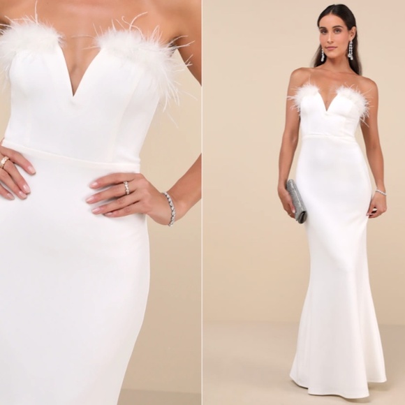 LULU's Bridal Wedding Chic Modern Sexy Elegant Feather Trim Mermaid Trumpet Gown - Picture 3 of 5